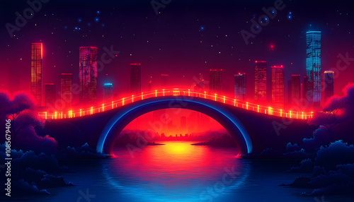 A vibrant digital artwork of a neon-lit cityscape with a bridge over a glowing river.