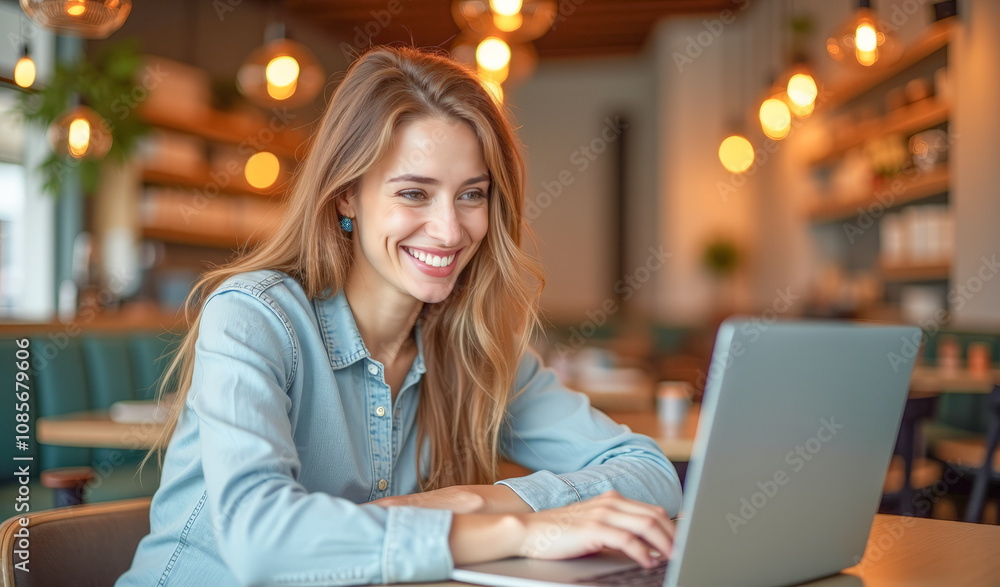 A young woman typing on a laptop smiling in a stylish cafe A young woman typing on a laptop smiling in a stylish cafe