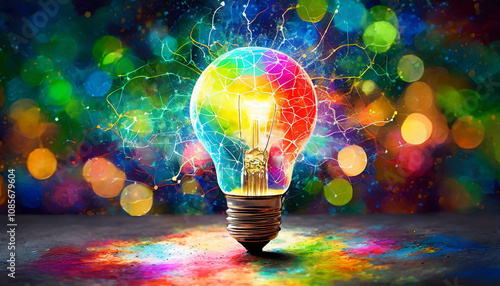 A light bulb stands prominently, surrounded by a glowing brain symbol, representing the fusion of creativity and technology in a vibrant setting.