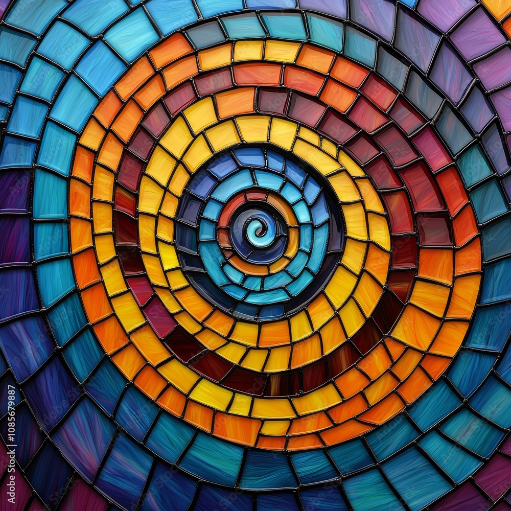 Fototapeta premium Vibrant mosaic design featuring a swirling pattern of colorful tiles. Perfect for creative projects and artistic themes.