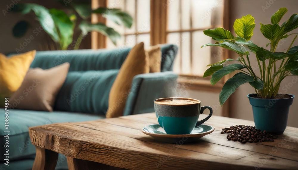 A stylish bathroom showcases a tea cup resting on a wooden table surrounded by potted plants and natural light streaming through large windows, creating a tranquil atmosphere. A stylish bathroom showcases a tea cup resting on a wooden table surrounded by potted plants and natural light streaming through large windows, creating a tranquil atmosphere.