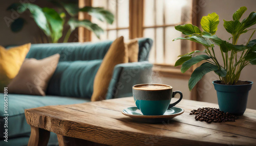 A stylish bathroom showcases a tea cup resting on a wooden table surrounded by potted plants and natural light streaming through large windows, creating a tranquil atmosphere.