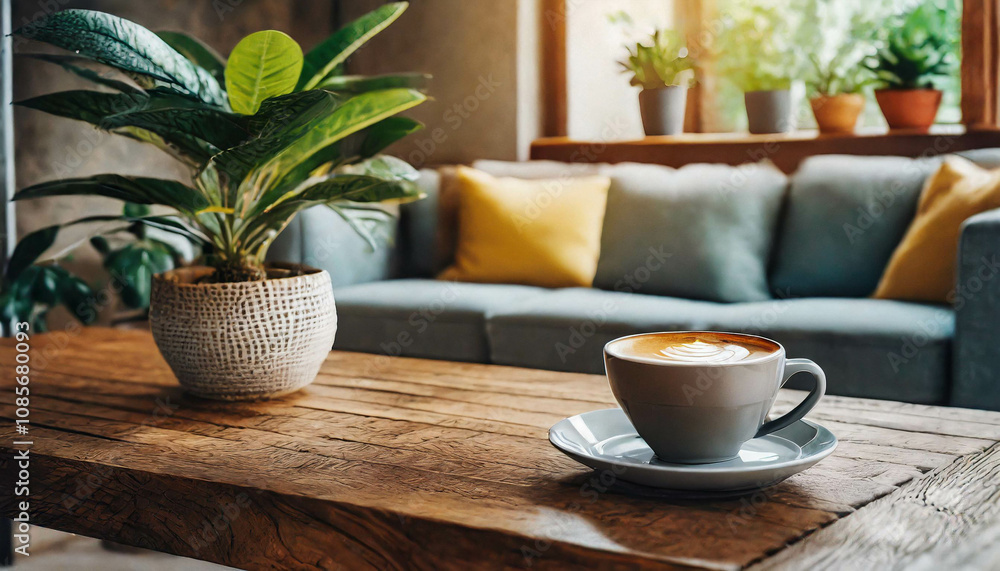 A steaming cup of tea sits on a wooden countertop beside a small potted plant, complemented by natural light streaming through large windows, creating a warm atmosphere. A steaming cup of tea sits on a wooden countertop beside a small potted plant, complemented by natural light streaming through large windows, creating a warm atmosphere.