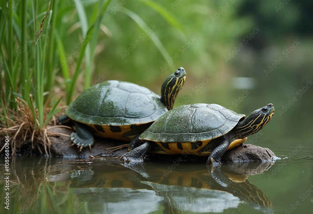 Obraz premium Pair of Turtles Resting by a Tranquil Riverbank