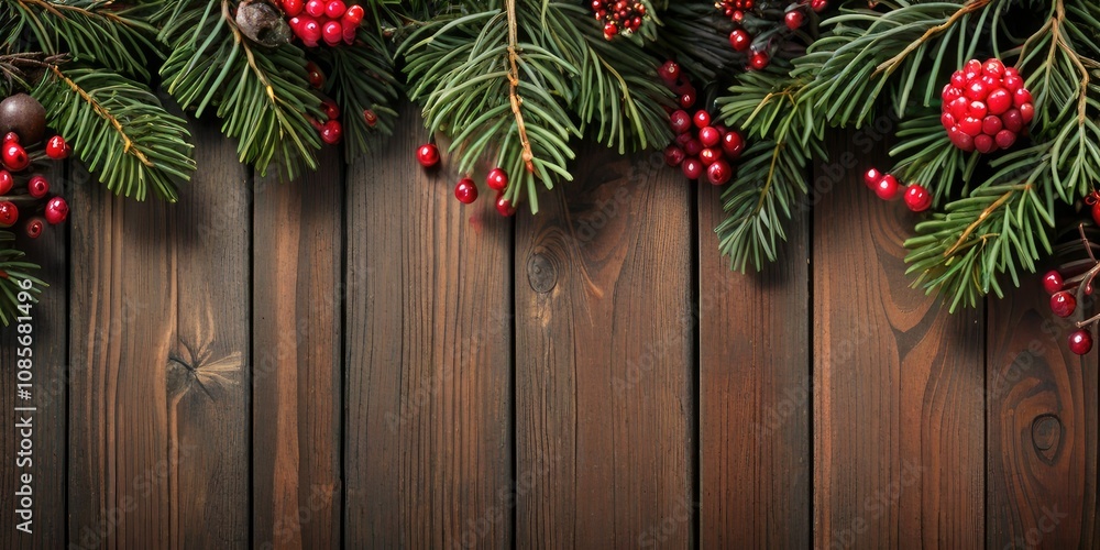 A Festive Christmas Border: Red Berries and Evergreen Branches on Rustic Wooden Background A Festive Christmas Border: Red Berries and Evergreen Branches on Rustic Wooden Background