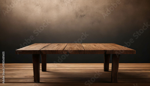 A rustic wooden table is positioned in a dimly lit room with wooden flooring and soft lighting creating a cozy atmosphere photo