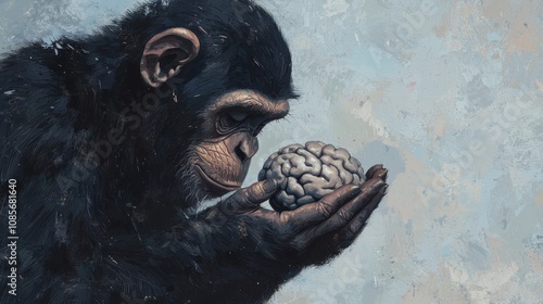 Canvas-taulu Illustrated monkey offering a brain artistic representation close-up view concep