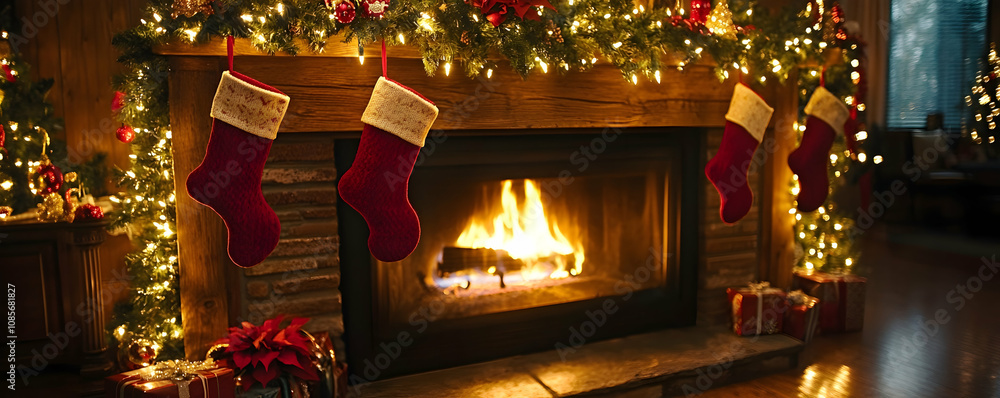 Cozy Christmas fireplace with stockings and gifts. Cozy Christmas fireplace with stockings and gifts.