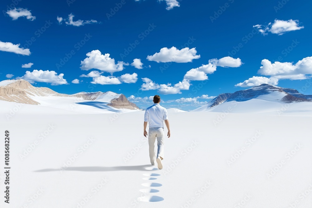 Man walking on pristine snowy landscape under clear blue sky Man walking on pristine snowy landscape under clear blue sky