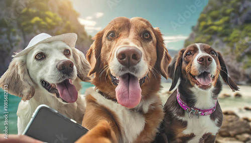 A joyful dog and a playful cat enjoy a sunny day in a vibrant outdoor setting with mountains in the background photo