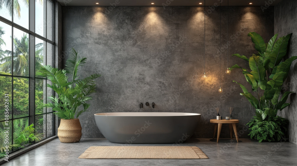 modern bathroom featuring sleek bathtub, greenery, and natural light. grey walls and warm lighting create serene atmosphere modern bathroom featuring sleek bathtub, greenery, and natural light. grey walls and warm lighting create serene atmosphere