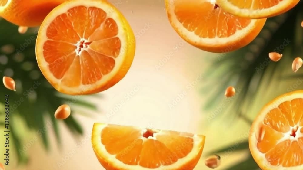 background of floating orange pieces with floating seeds background of floating orange pieces with floating seeds