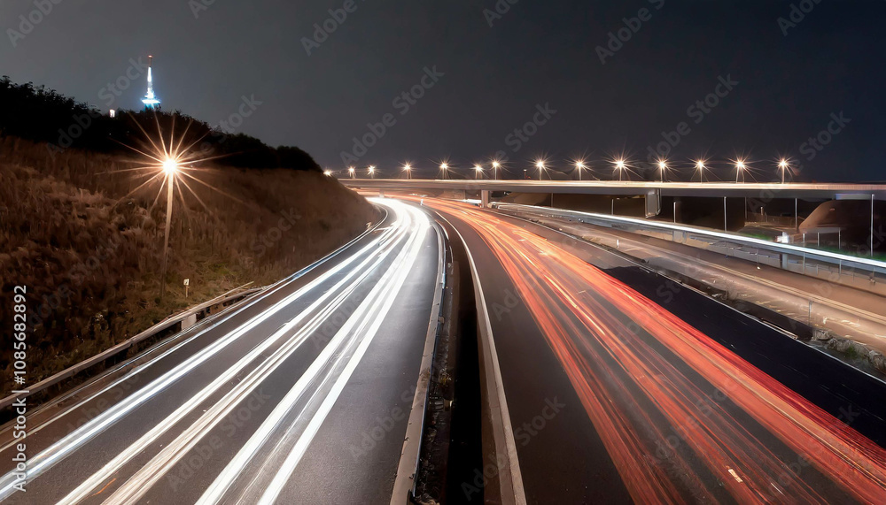 A vibrant red and white highway stretches through lush green hills under a dramatic sky at sunset A vibrant red and white highway stretches through lush green hills under a dramatic sky at sunset