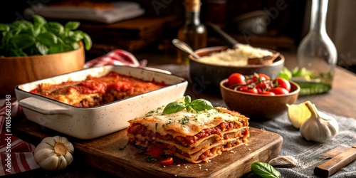 Deliciously Baked Lasagna in a Rustic Italian Kitchen Setting with Fresh Ingredients and Herbs, Perfect for Food Lovers and Culinary Enthusiasts Capturing the Essence of Home Cooking