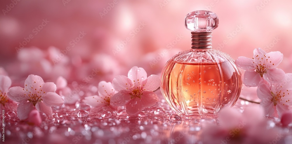 Elegant Skin Serum Bottle Set Against Pink Flowers and Water Droplets Elegant Skin Serum Bottle Set Against Pink Flowers and Water Droplets
