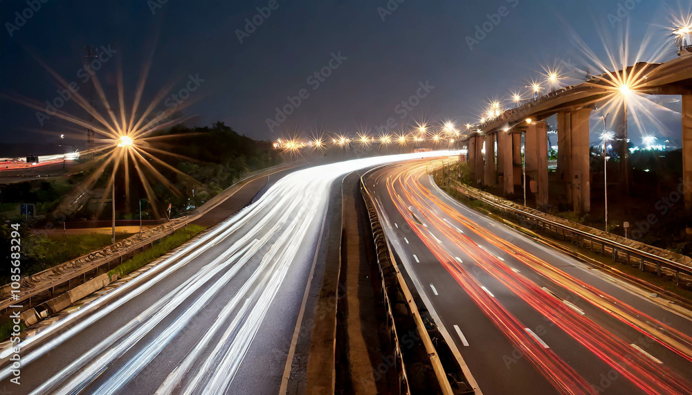 A winding road through lush green hills under a vibrant sunset with colorful lights illuminating the road ahead A winding road through lush green hills under a vibrant sunset with colorful lights illuminating the road ahead