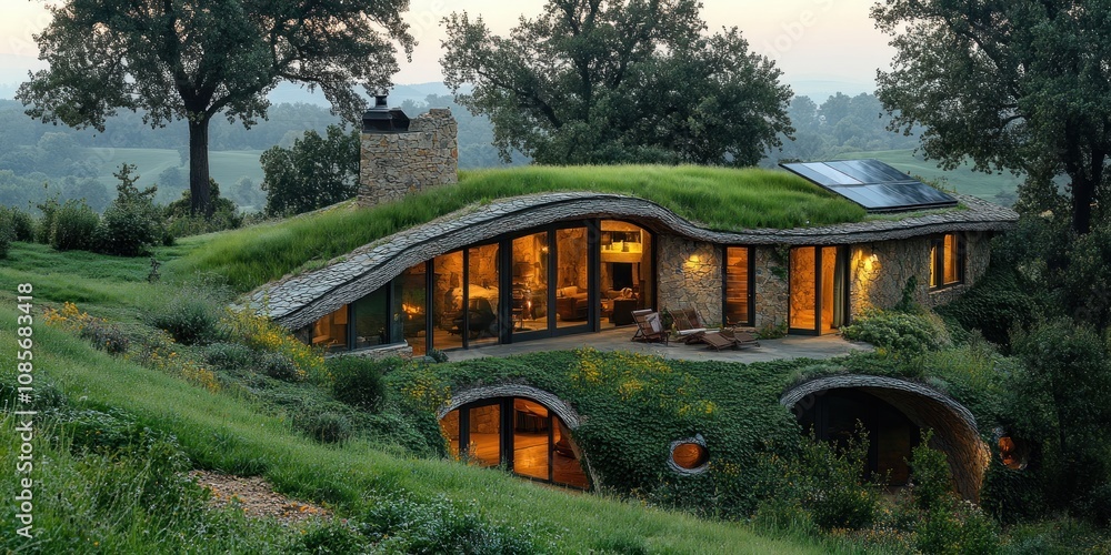 Fototapeta premium Modern eco-friendly house nestled into a hillside, featuring a living roof and large windows.