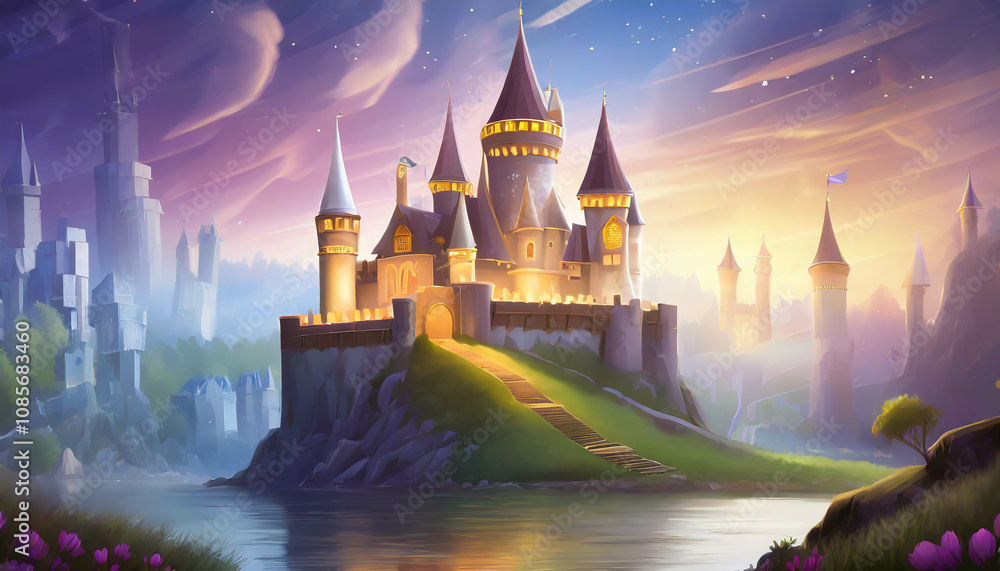 A grand medieval castle stands majestically amidst rolling mountains, illuminated by the warm glow of sunset, creating a serene and enchanting atmosphere. A grand medieval castle stands majestically amidst rolling mountains, illuminated by the warm glow of sunset, creating a serene and enchanting atmosphere.
