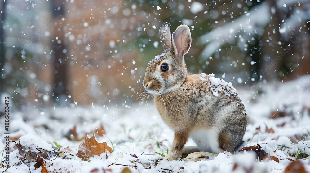 Cute hare in the snowy forest. Animal in winter. Cute hare in the snowy forest. Animal in winter.