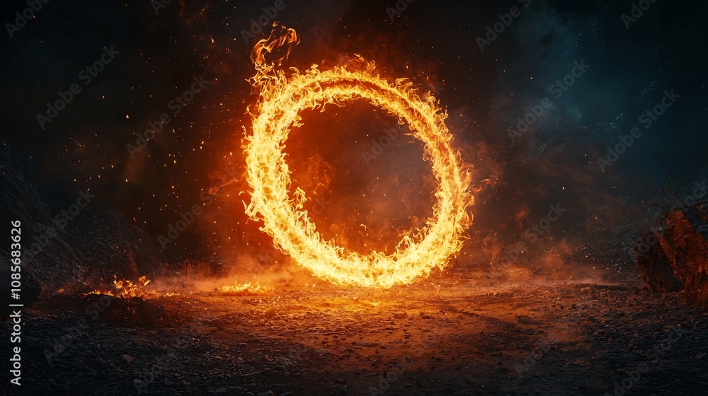 Fototapeta premium Fiery Ring in Dark Landscape Swirling Flames Casting Radiant Glow Dramatic Fire Concept with Copy Space