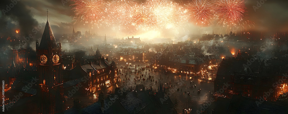 Fototapeta premium Festive night cityscape with fireworks.