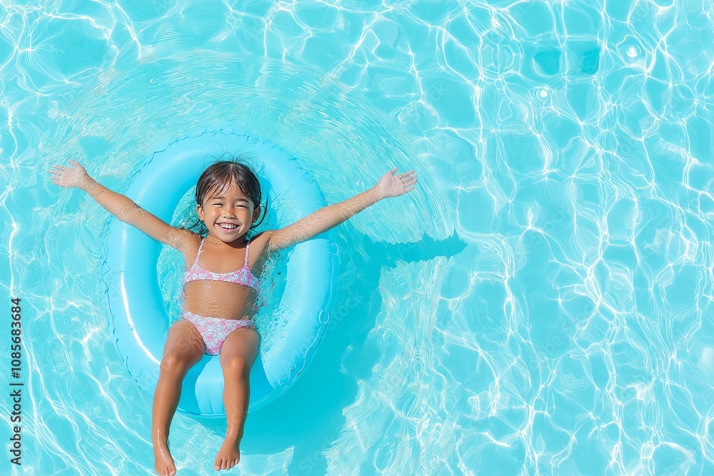 Joyful child relaxing on swimming float in bright blue pool on a sunny day Joyful child relaxing on swimming float in bright blue pool on a sunny day