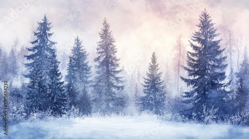 Beautiful winter landscape with snow-covered trees, frozen ground, and a serene sky, capturing the tranquility of a cold, frosty morning in a peaceful forest