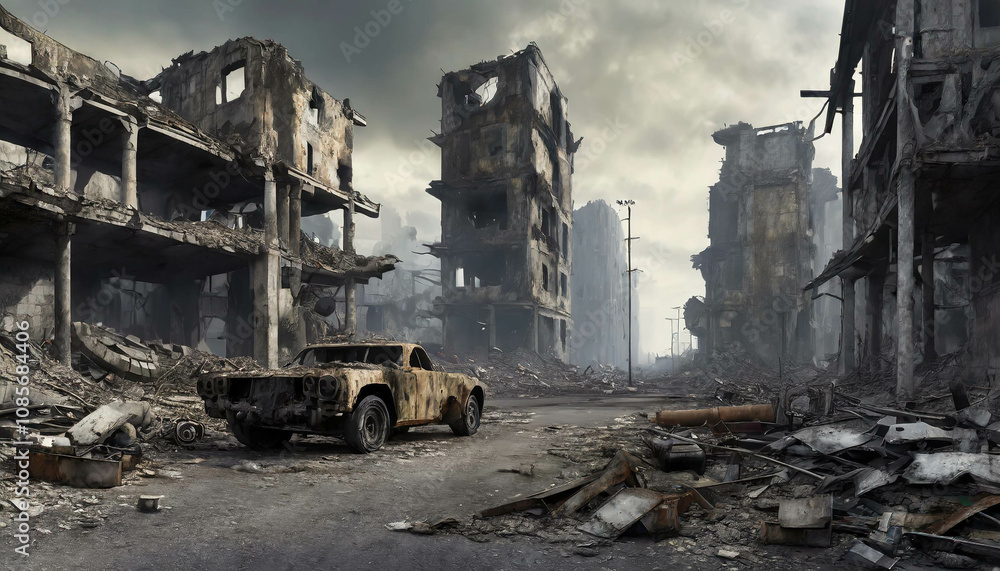 A desolate urban setting features crumbling buildings and debris scattered across a deserted street at dusk, evoking a sense of desolation and desolation. A desolate urban setting features crumbling buildings and debris scattered across a deserted street at dusk, evoking a sense of desolation and desolation.