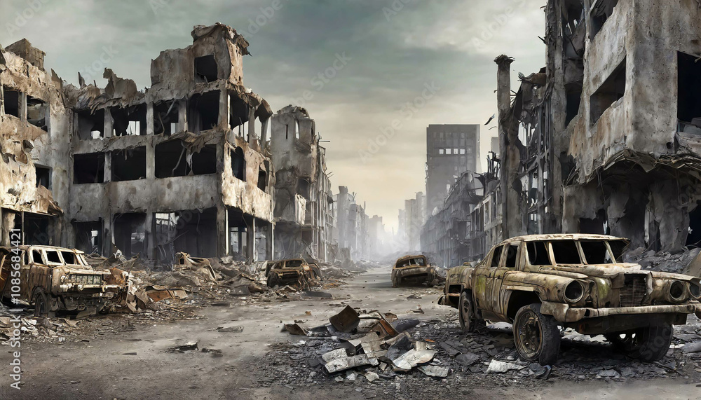 A desolate urban setting features crumbling buildings and debris scattered across a deserted street at dusk, evoking a sense of desolation and desolation. A desolate urban setting features crumbling buildings and debris scattered across a deserted street at dusk, evoking a sense of desolation and desolation.
