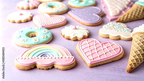 Delightful Pastel Icing Cookie Set on a Soft Purple Background for Sweet Treats and Dessert Inspirations