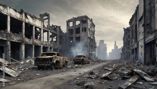 A desolate urban setting features crumbling buildings and debris scattered across a deserted street at dusk, creating a sense of desolation and abandonment.