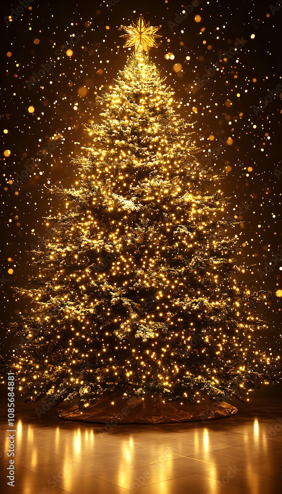 Golden Christmas tree with sparkling lights and falling glitter. Golden Christmas tree with sparkling lights and falling glitter.
