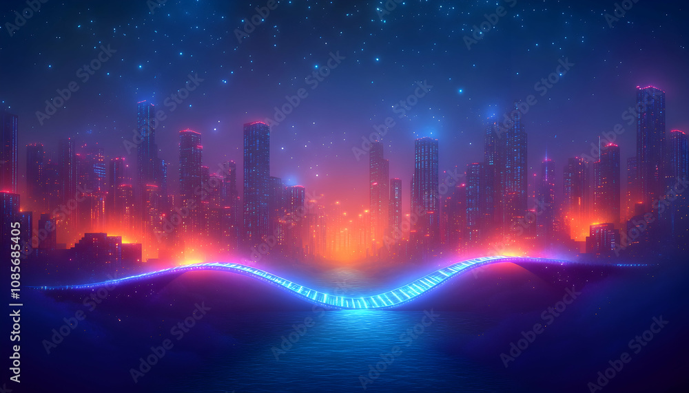 Obraz premium Futuristic Cityscape with Neon Bridge.