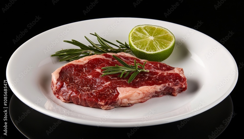 Raw ribeye steak on white plate with rosemary and lime garnish against dark background Raw ribeye steak on white plate with rosemary and lime garnish against dark background