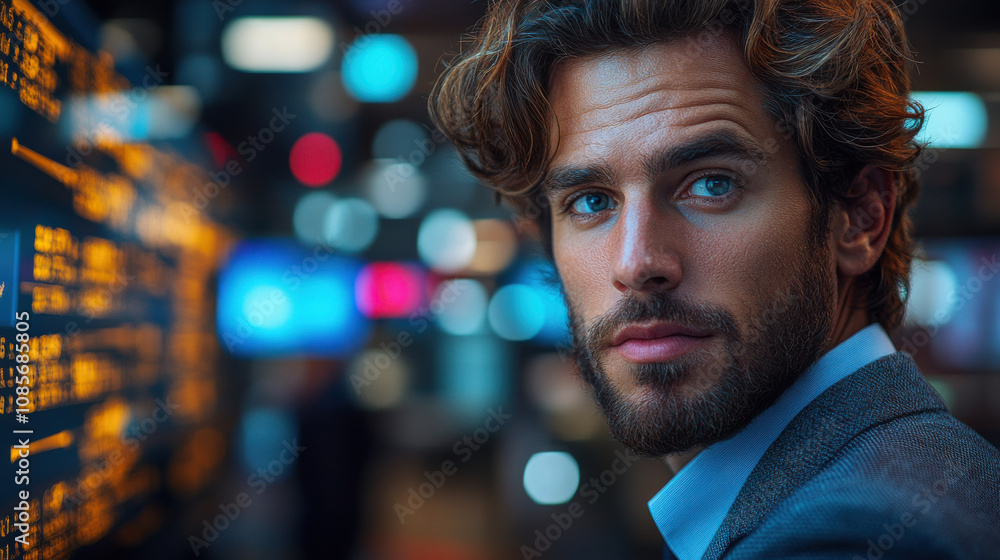 businessman with curly hair and blue eyes looks confidently at camera, surrounded by blurred background of digital screens and lights, conveying sense of leadership and focus businessman with curly hair and blue eyes looks confidently at camera, surrounded by blurred background of digital screens and lights, conveying sense of leadership and focus