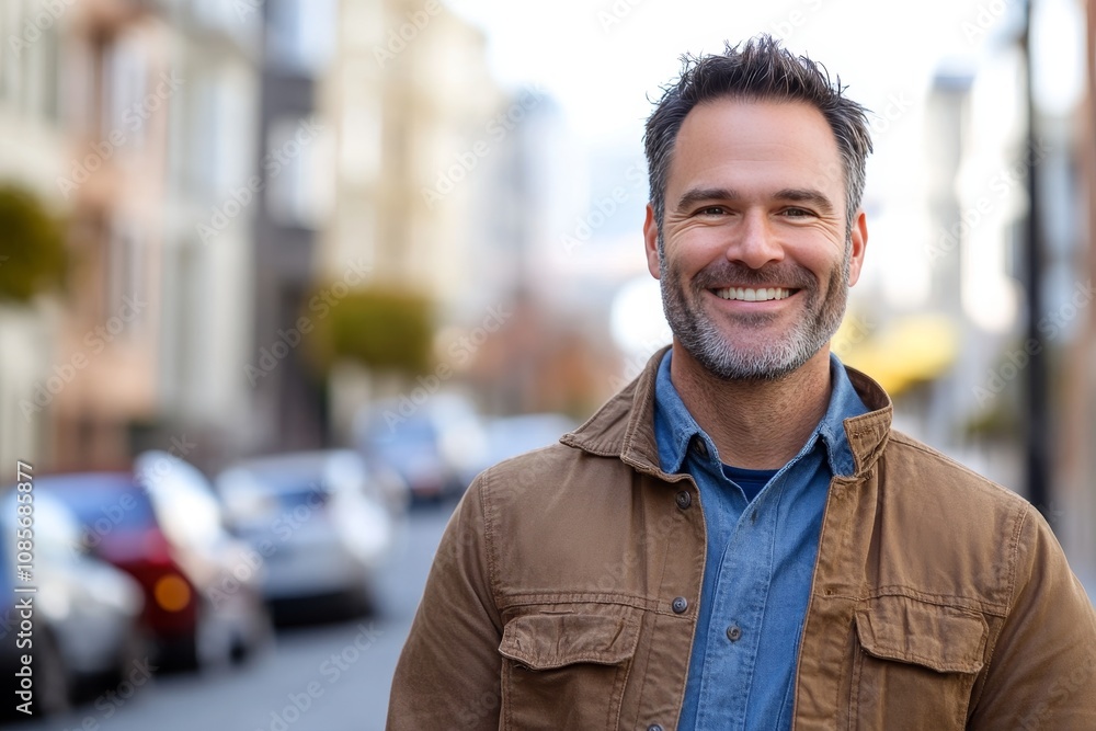Confident mid 40s man in urban setting with charming smile and stylish gray highlighted hair Confident mid 40s man in urban setting with charming smile and stylish gray highlighted hair