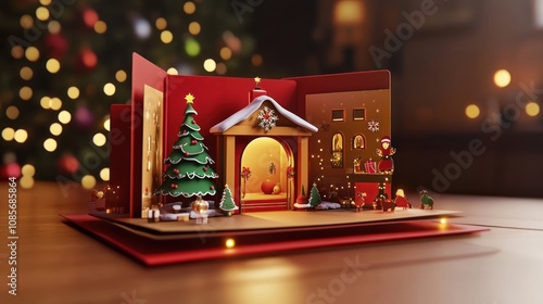 A festive Christmas pop-up card with a miniature village scene, lit by warm glow.