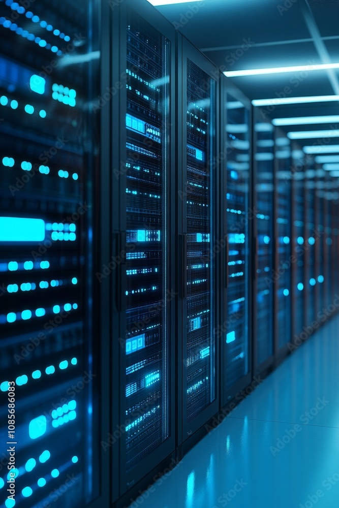 Expansive server room showcasing black and blue mainframe computers for cloud computing services Expansive server room showcasing black and blue mainframe computers for cloud computing services