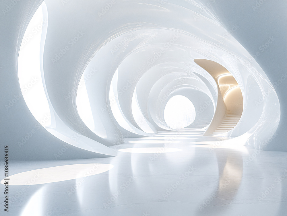 Fototapeta premium a modern architectural structure with a curved white facade and large glass windows, situated near a reflective body of water during sunset.