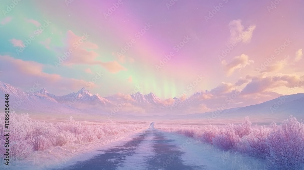 A serene winter landscape with a winding road leading into a pastel sunset over a snowy mountain range in a tranquil valley A serene winter landscape with a winding road leading into a pastel sunset over a snowy mountain range in a tranquil valley