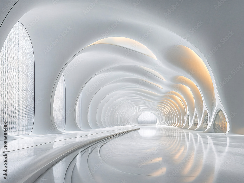 Fototapeta premium a modern architectural structure with a curved white facade and large glass windows, situated near a reflective body of water during sunset.