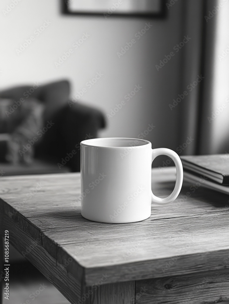 Fototapeta premium A white coffee mug sits on a wooden table, a simple and inviting scene.