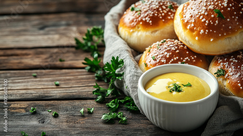 plate of cheese-stuffed pretzel bites served with a side of mustard, perfect for snacking or appetizers at a party or gathering, showcasing comfort food with a savory touch