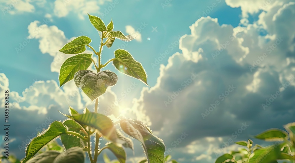 Fototapeta premium A cinematic scene detailed photograph giant soybean plant rising through clouds Generative AI