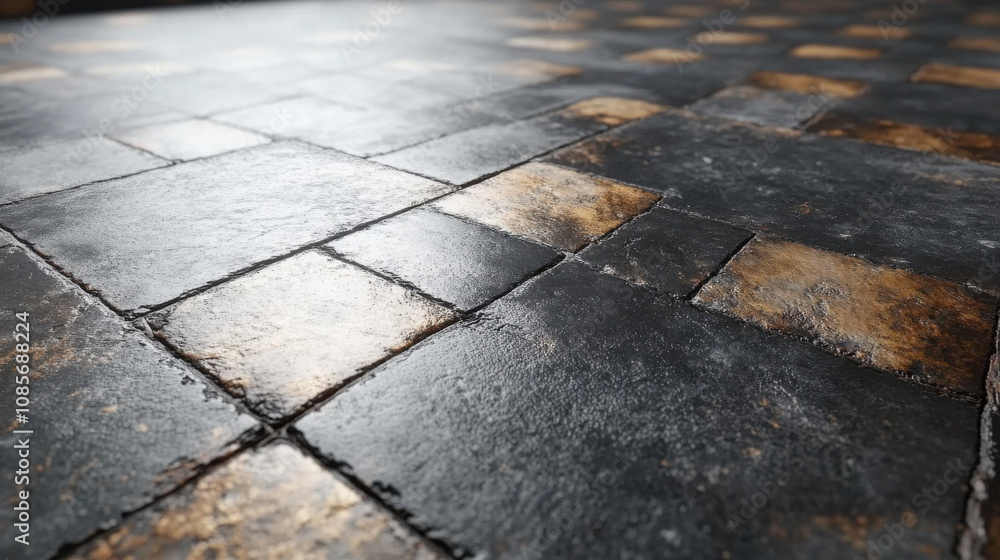 Fototapeta premium Textured stone floor with dark and light tiles creating unique pattern. surface reflects light, adding depth and character to design