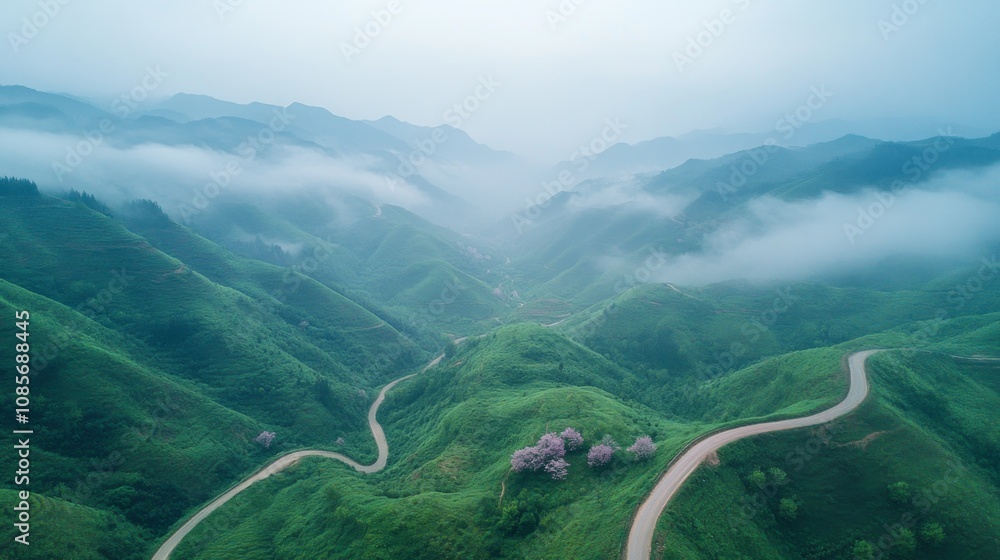 Scenic aerial view of green mountains and lush valleys Scenic aerial view of green mountains and lush valleys