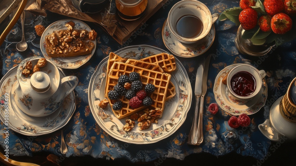 A cup of coffee, waffles, toast with jam and chocolate spread, granola, berries, and nuts for breakfast A cup of coffee, waffles, toast with jam and chocolate spread, granola, berries, and nuts for breakfast