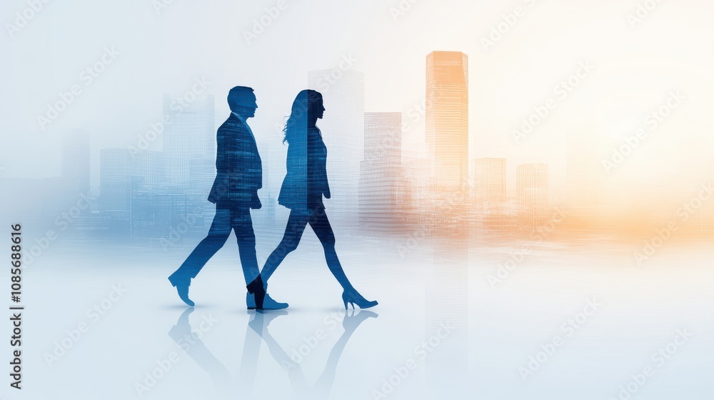 Double exposure Silhouettes of a man and woman walking in an urban landscape. Double exposure Silhouettes of a man and woman walking in an urban landscape.