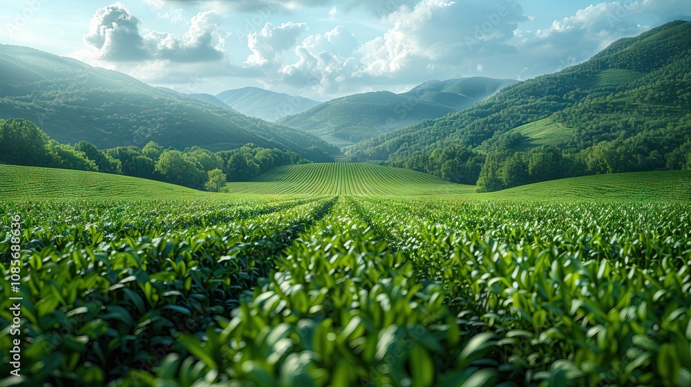 Wonderful landscape composed of a soy plantation sunset surrounded by mountains Wonderful landscape composed of a soy plantation sunset surrounded by mountains