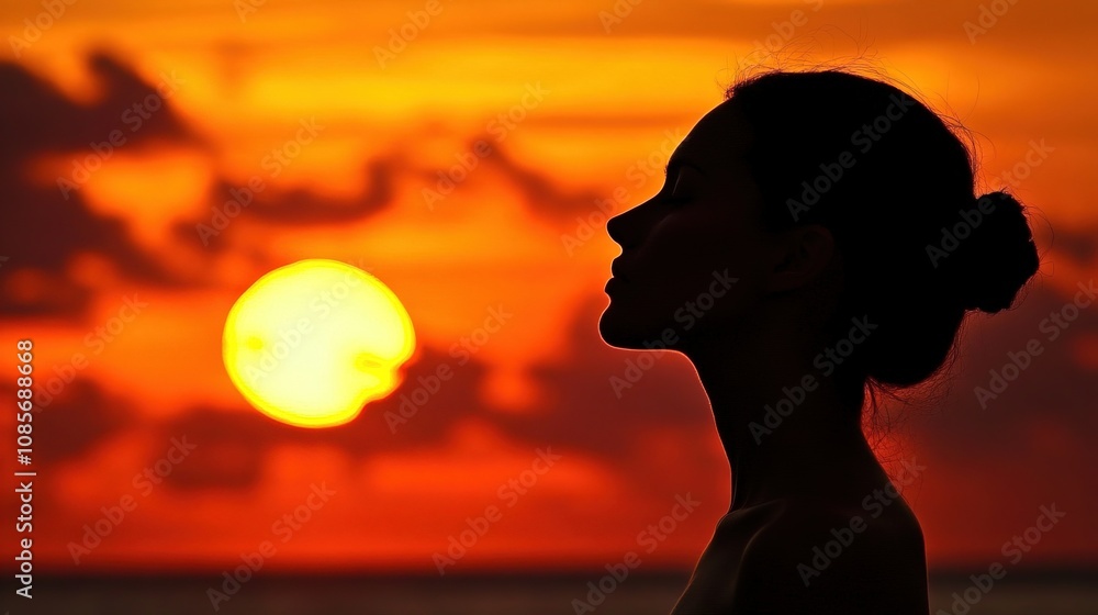 A solitary traveler woman wearing a hat stands on a seaside pier gazing into the sunset A solitary traveler woman wearing a hat stands on a seaside pier gazing into the sunset